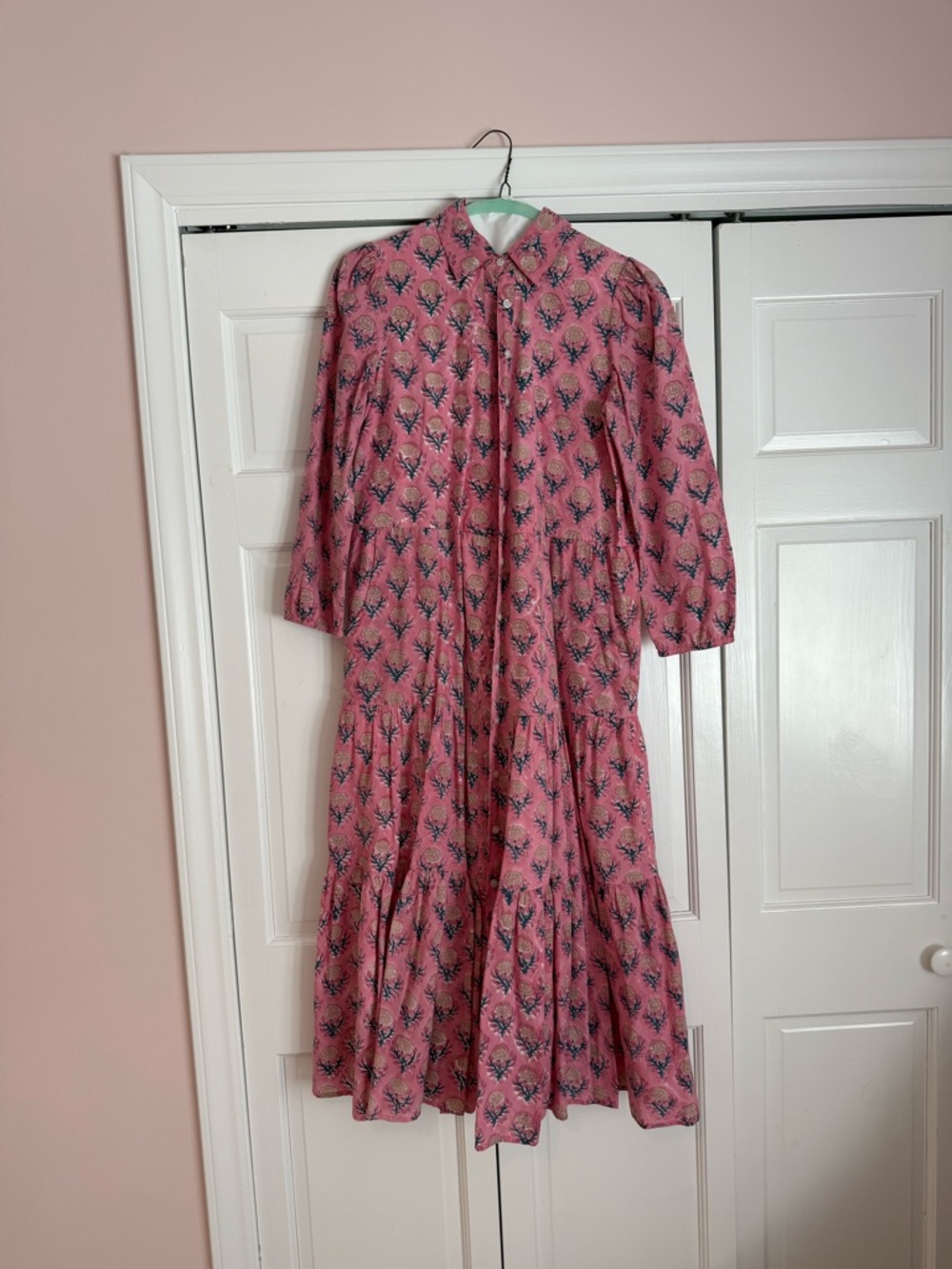 Women's Pink Floral Tiered Button-Front Dress Hampton House block print